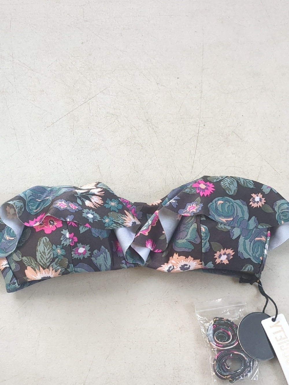 Amuse Society Floral Ruffle Bandeau Bikini Top in Black with Teal, Pink & Peach